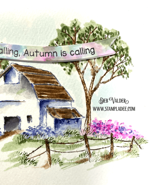 Leaves are Falling, Autumn is Calling. This watercolor barn and all products used can be found on our Teaspoon of Fun Shop at www.TeaspoonOfFun.com/SHOP