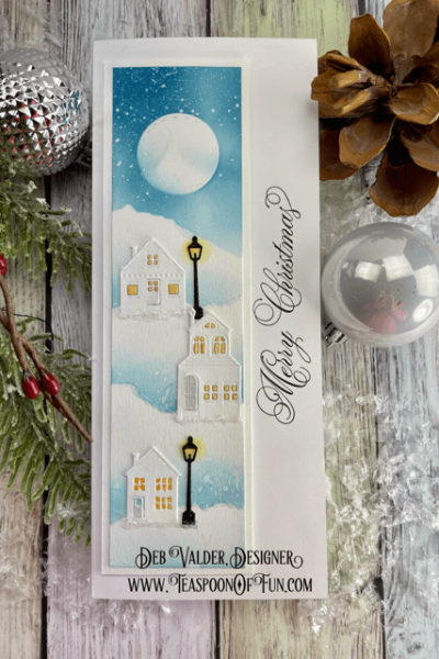 Christmas Village On A Snowy Night. All products can be found in our Teaspoon Of Fun Paper Crafting Shop at www.TeaspoonOfFun.com/SHOP