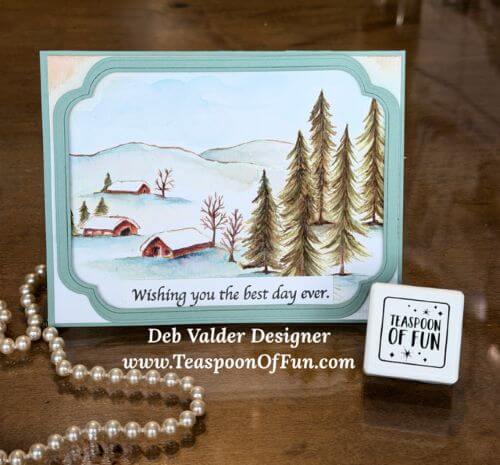 Rural Winter Watercolor. All products can be purchased from Teaspoon Of Fun's Paper Crafting Shop at www.TeaspoonOfFun.com/SHOP.