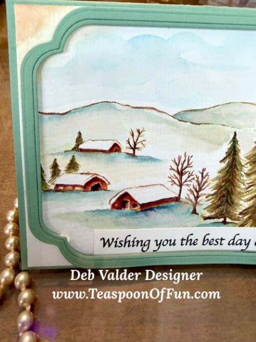 Rural Winter Watercolor. All products can be purchased from Teaspoon Of Fun's Paper Crafting Shop at www.TeaspoonOfFun.com/SHOP.
